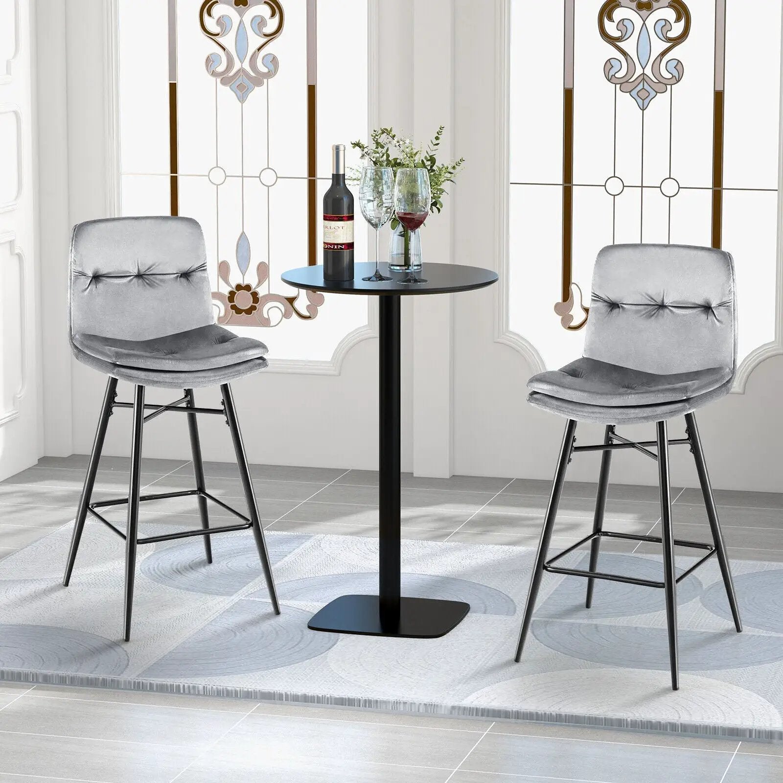 2 Pieces 29 Inch Velvet Bar Stools Set with Tufted Back and Footrests by DirectDeals