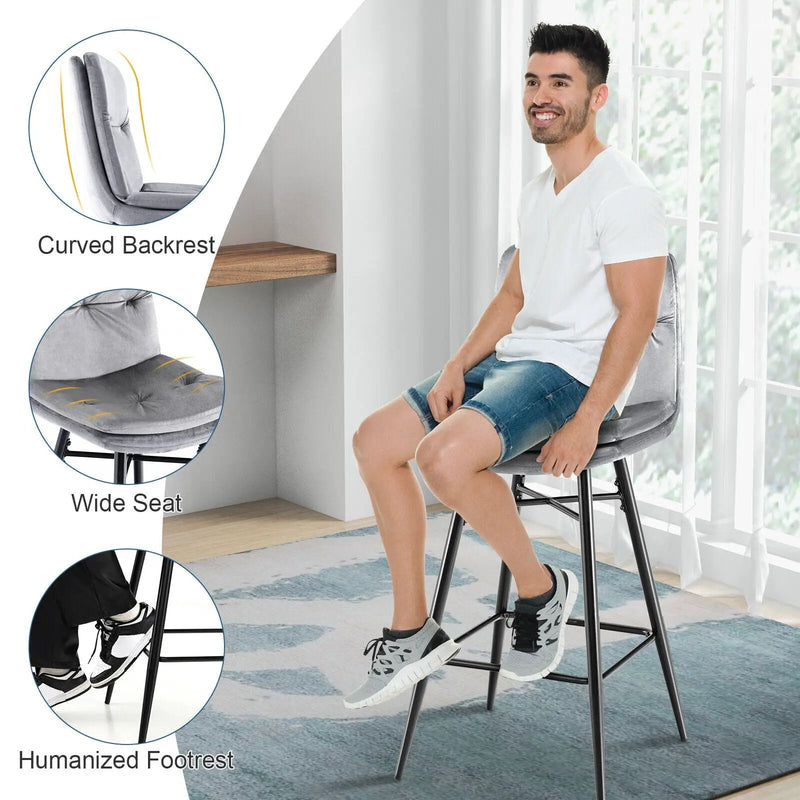 2 Pieces 29 Inch Velvet Bar Stools Set with Tufted Back and Footrests by DirectDeals