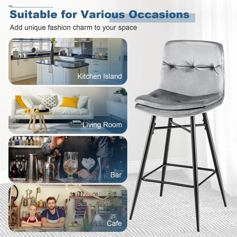 2 Pieces 29 Inch Velvet Bar Stools Set with Tufted Back and Footrests by DirectDeals