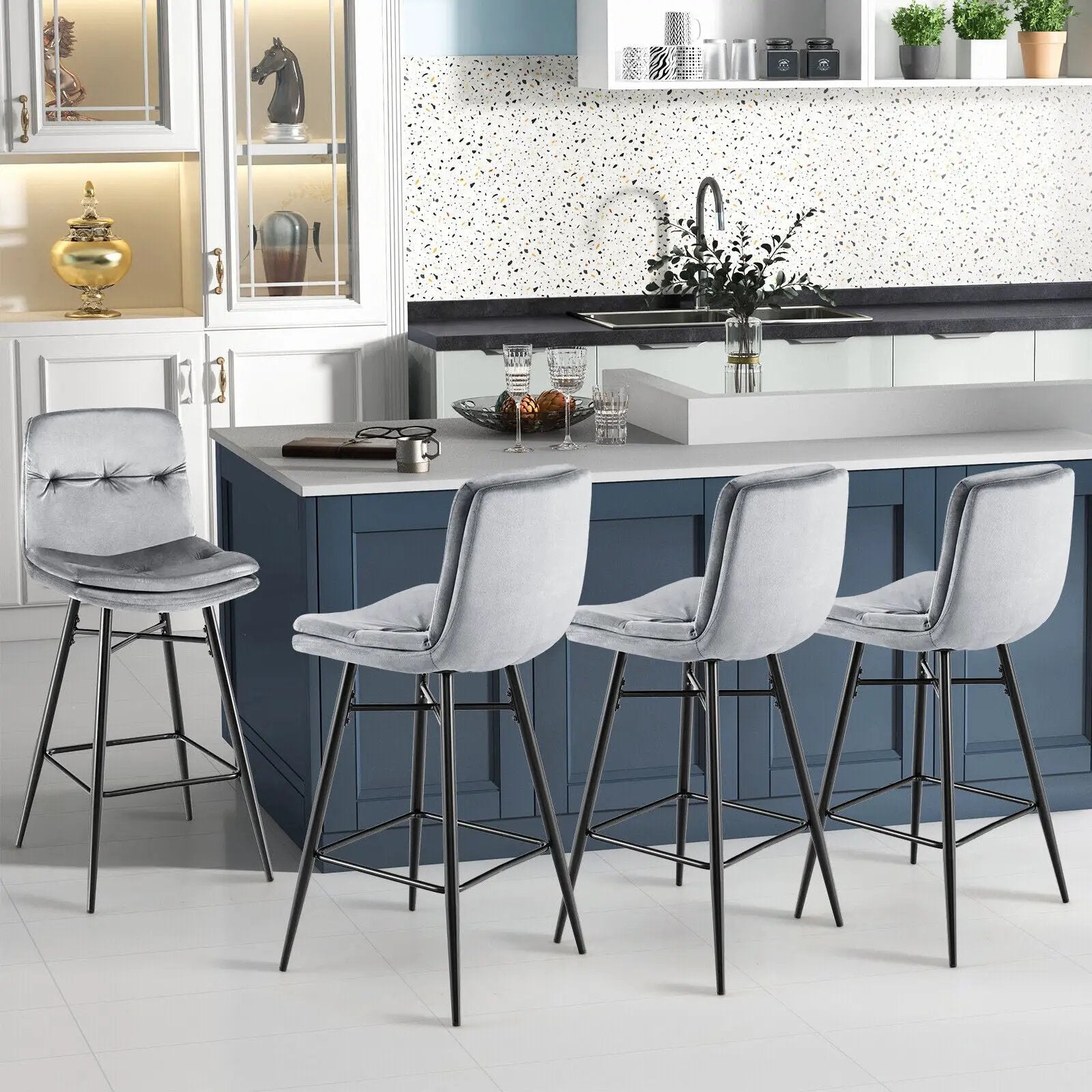2 Pieces 29 Inch Velvet Bar Stools Set with Tufted Back and Footrests by DirectDeals