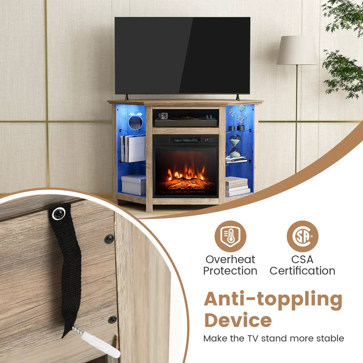 Fireplace Corner TV Stand with LED Lights and Smart APP Control for 50 Inches TV by DirectDeals