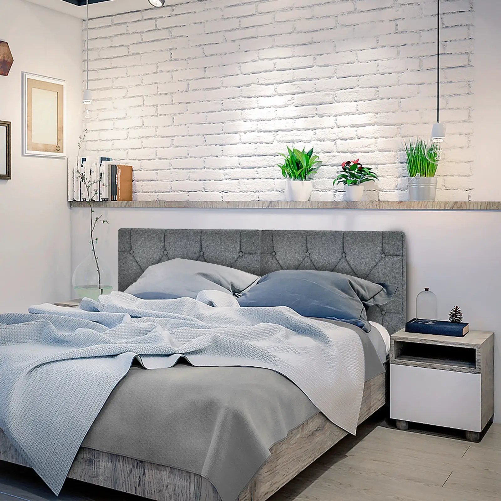 Upholstered Wall Mounted Headboard with Tufted Button Linen Fabric by DirectDeals