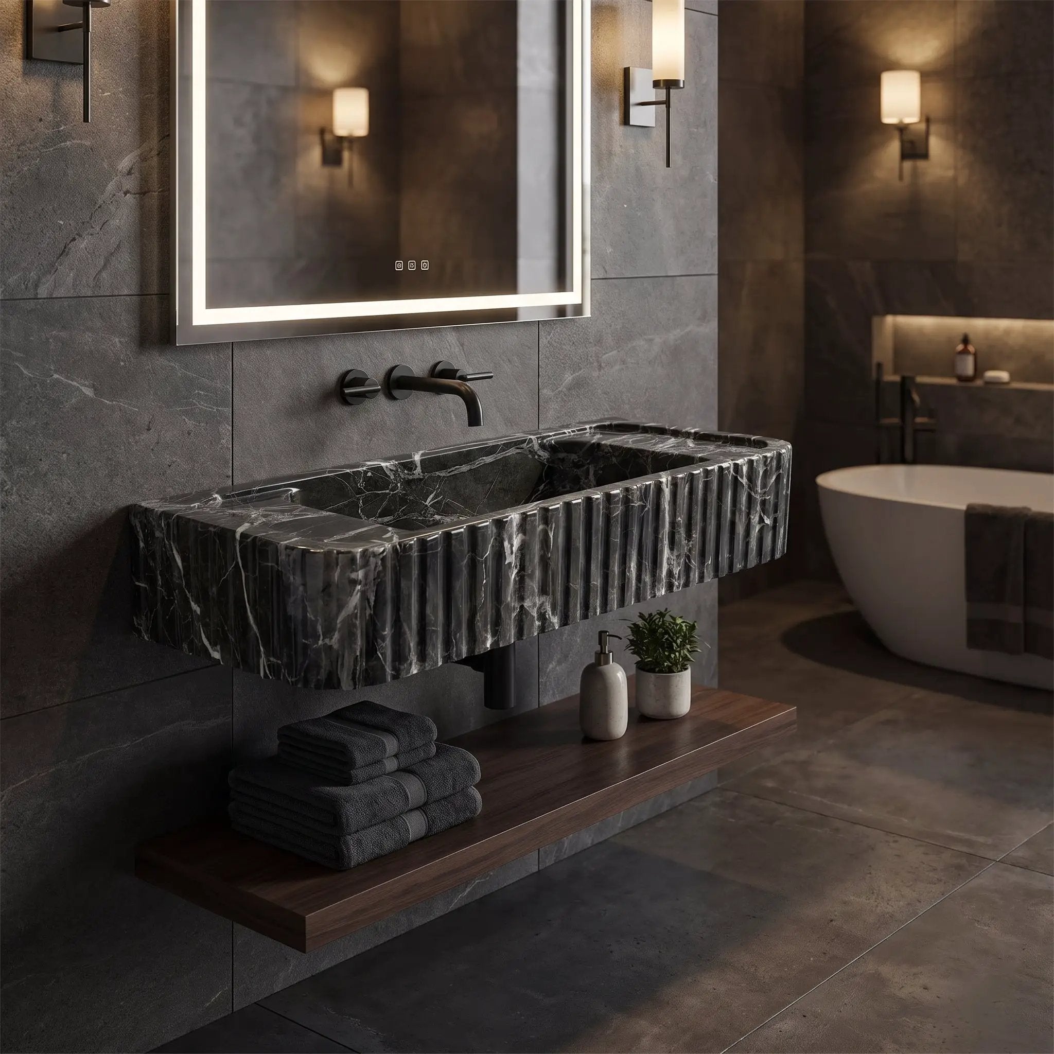 Green Levanto Marble Rectangular Wall Mount Fluted Bathroom Sink by GMSTONE