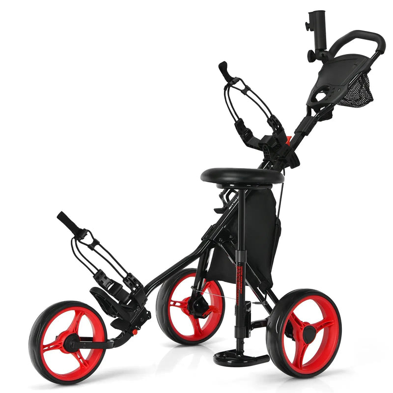 3 Wheels Folding Golf Push Cart with Seat Scoreboard and Adjustable Handle by DirectDeals