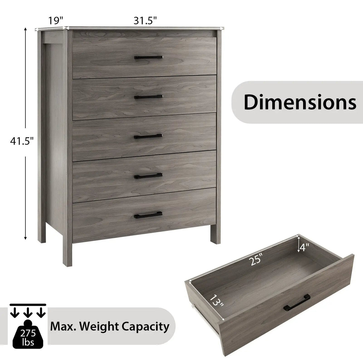 Modern 5-Drawer Multipurpose Chest Dresser with Metal Handles, photo 5 of 10