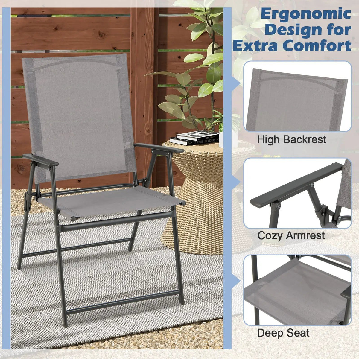 2 Pieces Patio Folding Chairs with Armrests for Deck Garden Yard, photo 6 of 8