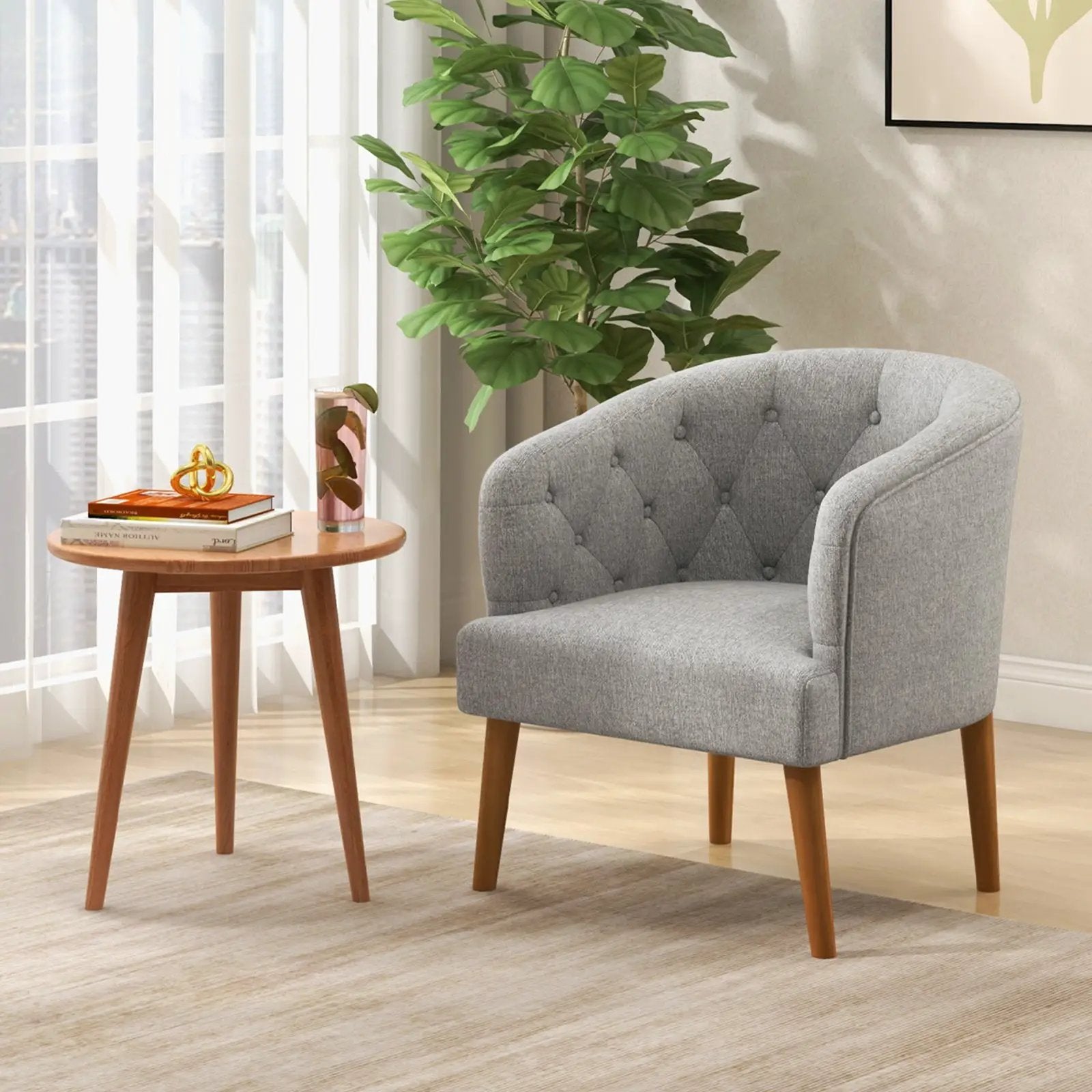 Upholstered Tub Chair with Solid Rubber Wood Legs and Adjustable Foot Pads for Living Room-Gray by DirectDeals