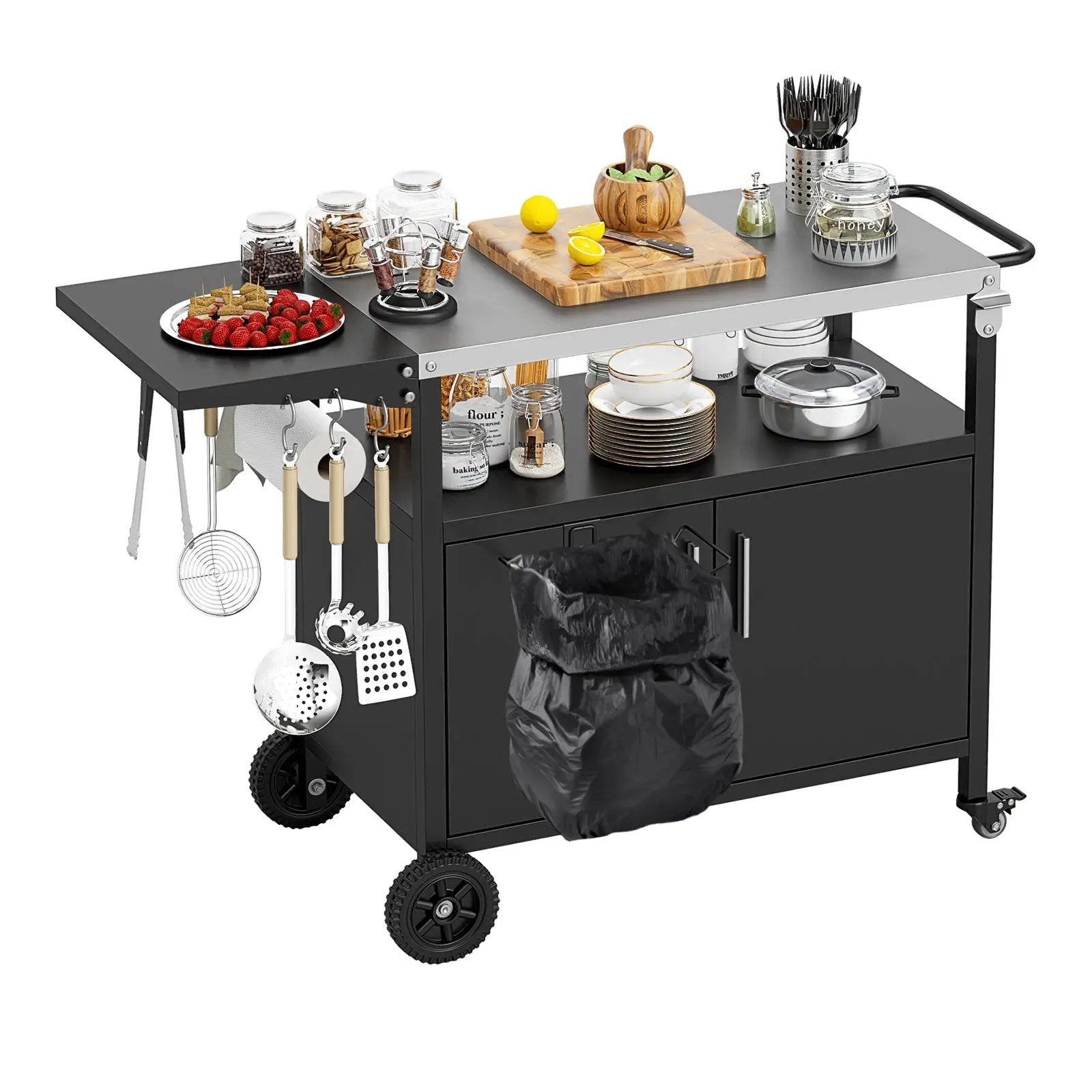 Outdoor Grill Cart with Storage and Folding Stainless Steel Top-Black by DirectDeals