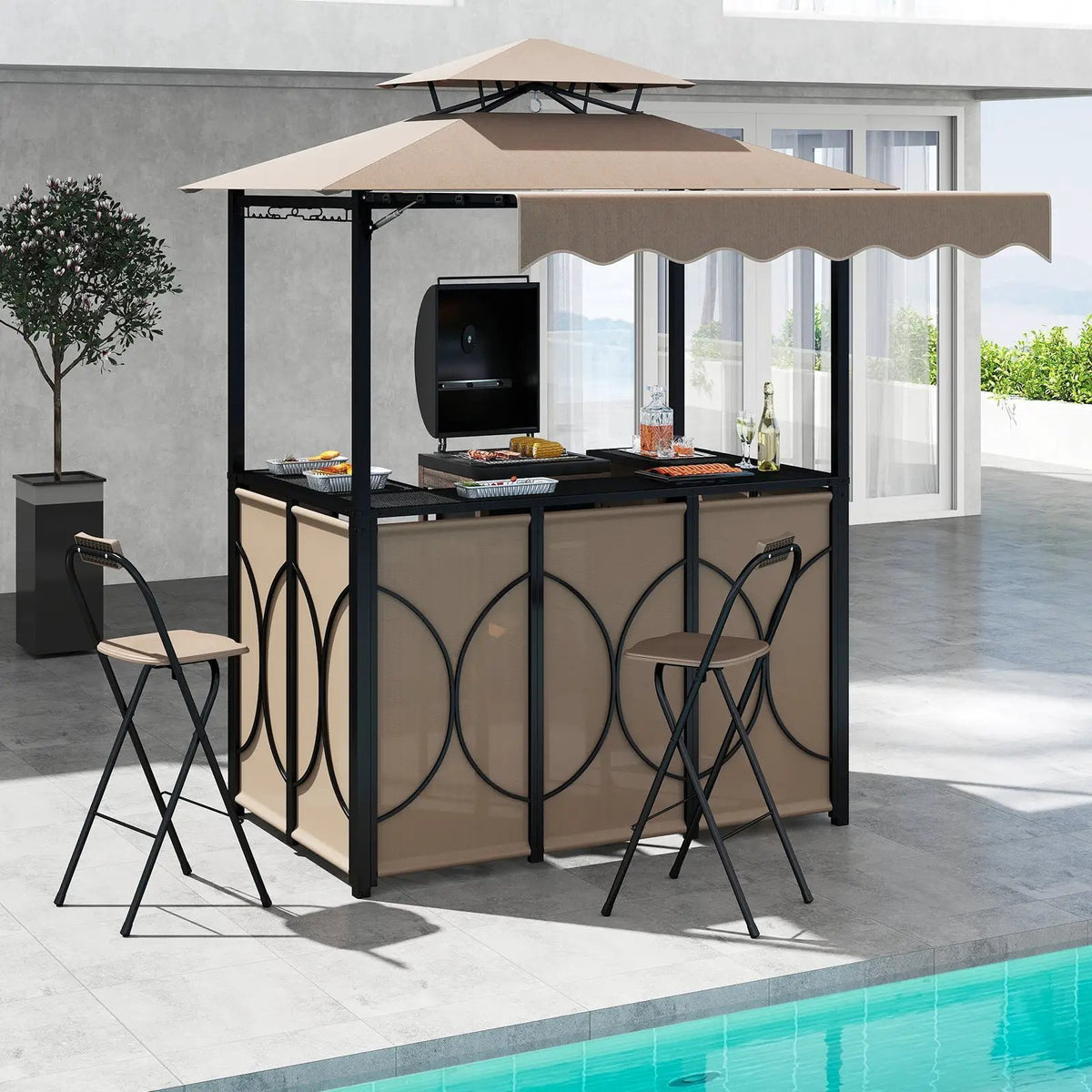 Grill Gazebo with Awning 3-Piece Outdoor BBQ Canopy Double-Tier Soft Top Barbecue Shelter, photo 2 of 16