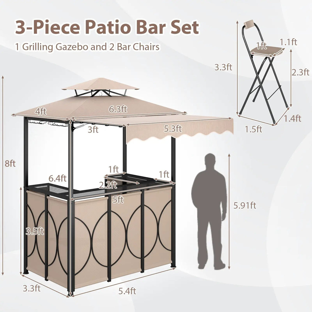 Grill Gazebo with Awning 3-Piece Outdoor BBQ Canopy Double-Tier Soft Top Barbecue Shelter, photo 8 of 16