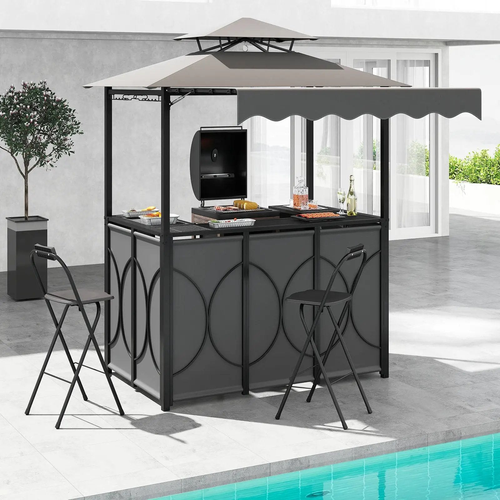 Grill Gazebo with Awning 3-Piece Outdoor BBQ Canopy Double-Tier Soft Top Barbecue Shelter by DirectDeals