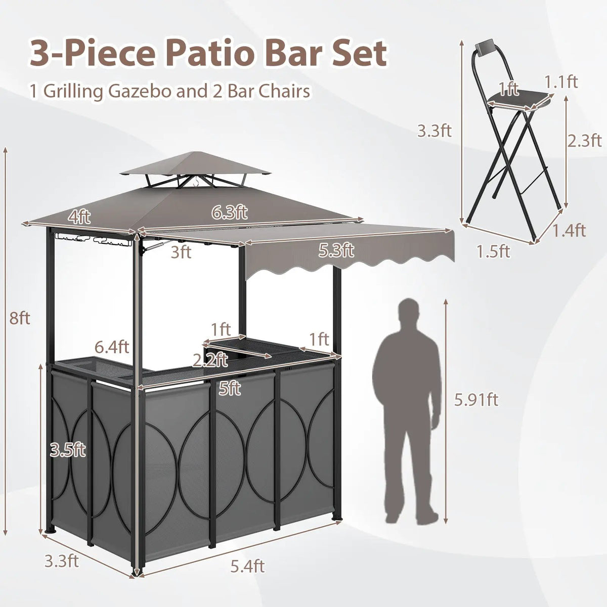Grill Gazebo with Awning 3-Piece Outdoor BBQ Canopy Double-Tier Soft Top Barbecue Shelter, photo 7 of 16