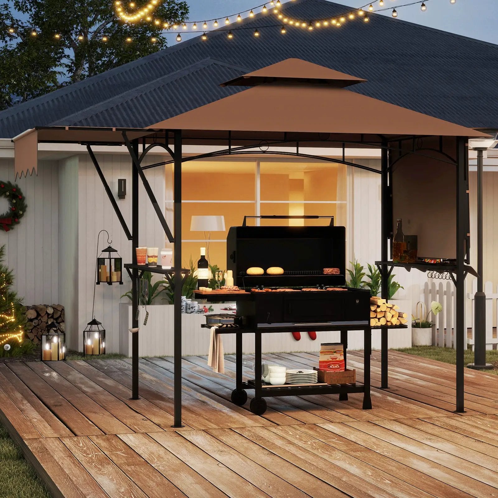 13 x 5 Feet Grill Gazebo with Dual Side Awnings and 2 Shelves Adjustable Shadow by DirectDeals