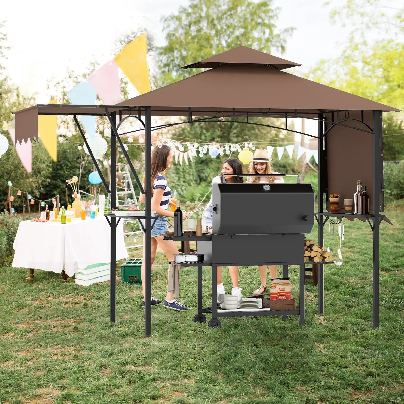 13 x 5 Feet Grill Gazebo with Dual Side Awnings and 2 Shelves Adjustable Shadow by DirectDeals