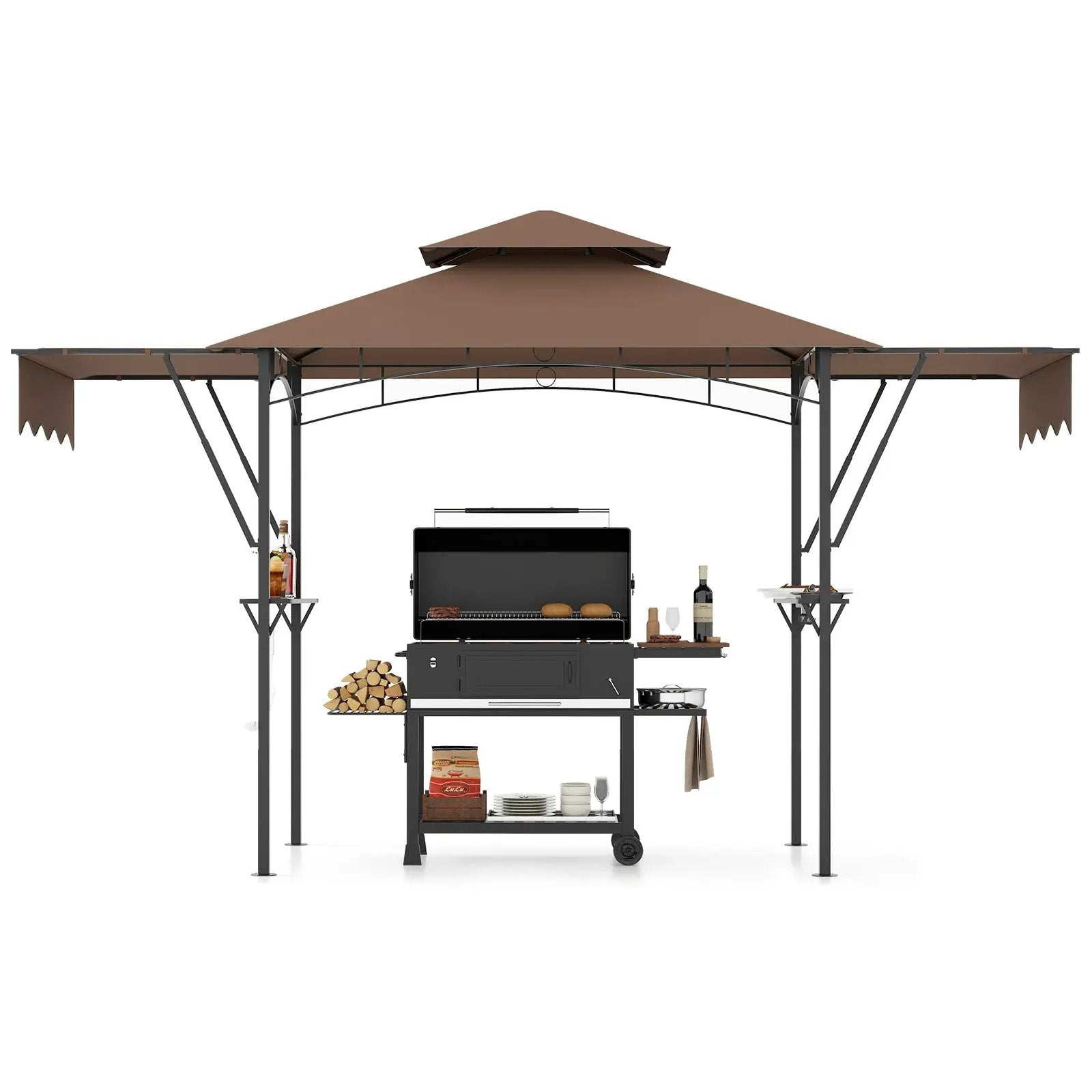 13 x 5 Feet Grill Gazebo with Dual Side Awnings and 2 Shelves Adjustable Shadow by DirectDeals