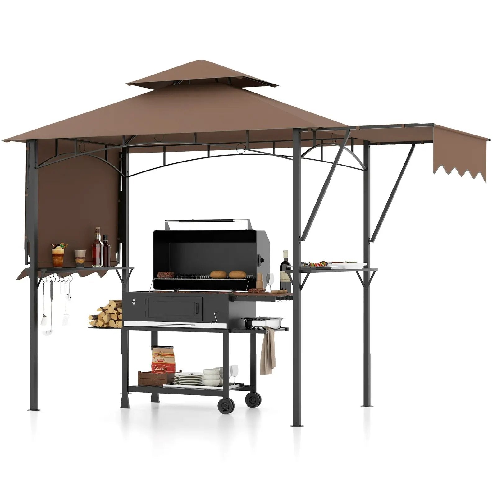 13 x 5 Feet Grill Gazebo with Dual Side Awnings and 2 Shelves Adjustable Shadow by DirectDeals