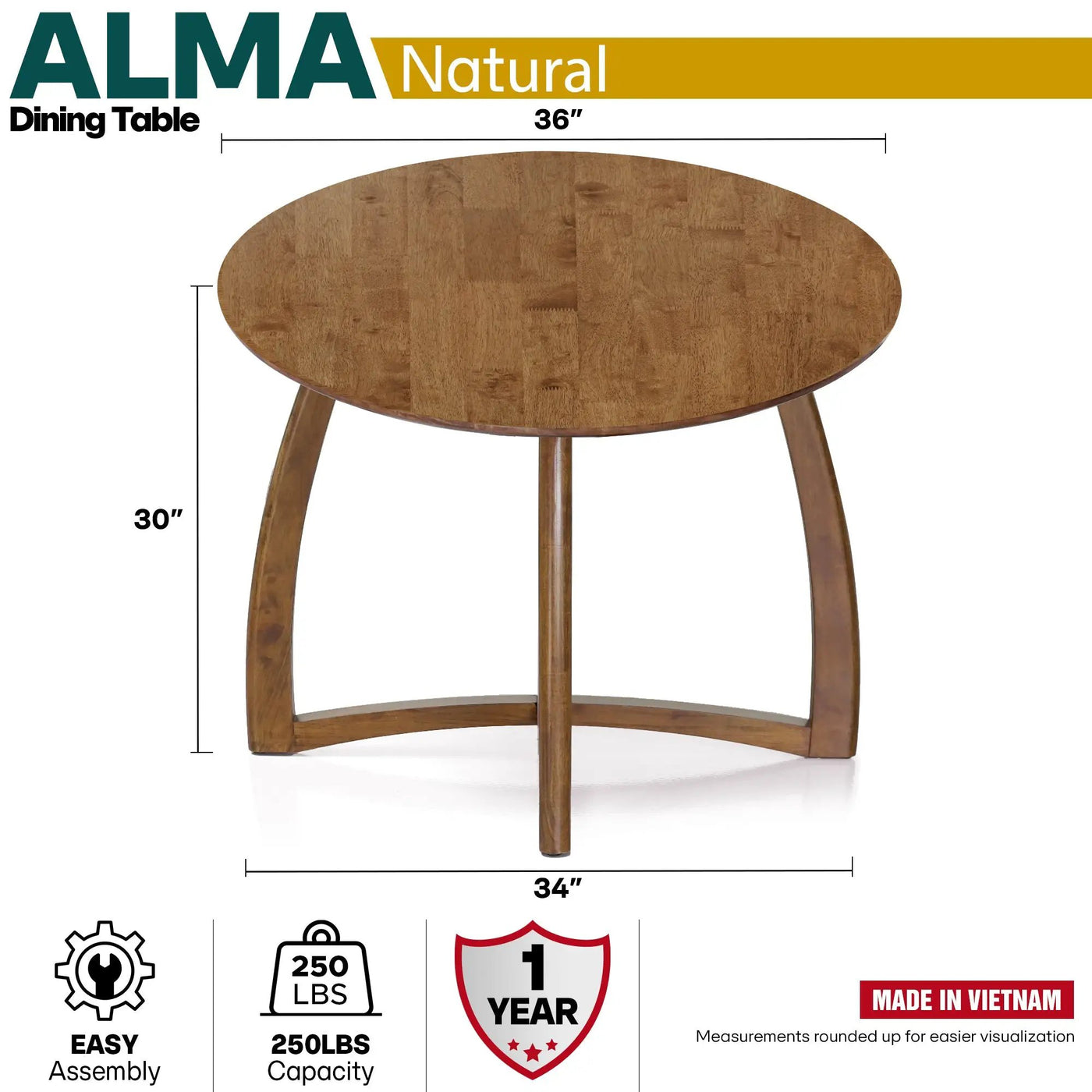 Alma 36 Inches Round Dining Table by Megsu