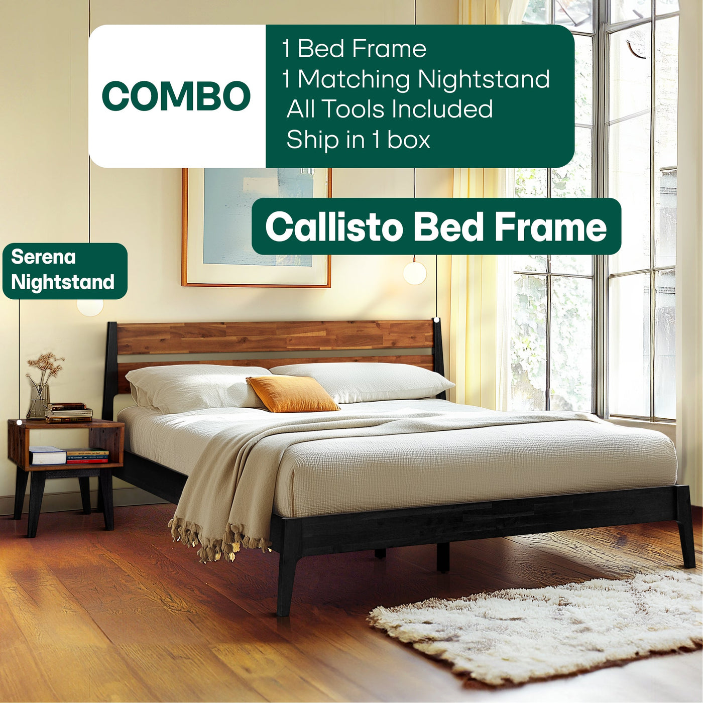 [Buy 1 Get 1] Callisto Solid Wood Bed Frame and Nightstand by Megsu