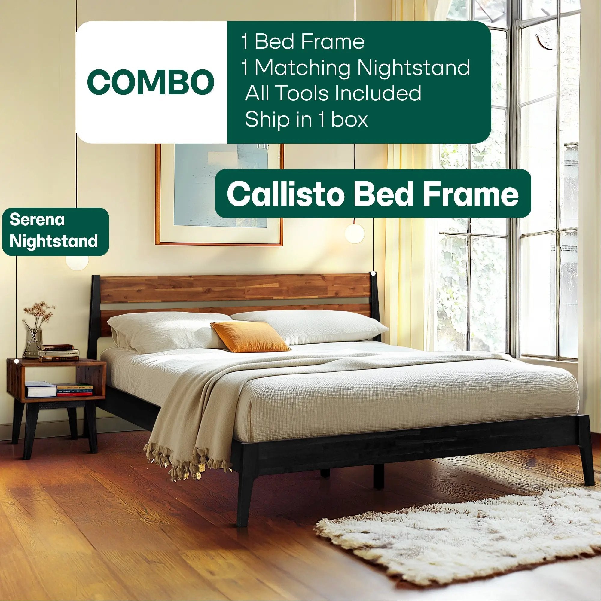 [Buy 1 Get 1] Callisto Solid Wood Bed Frame and Nightstand by Megsu