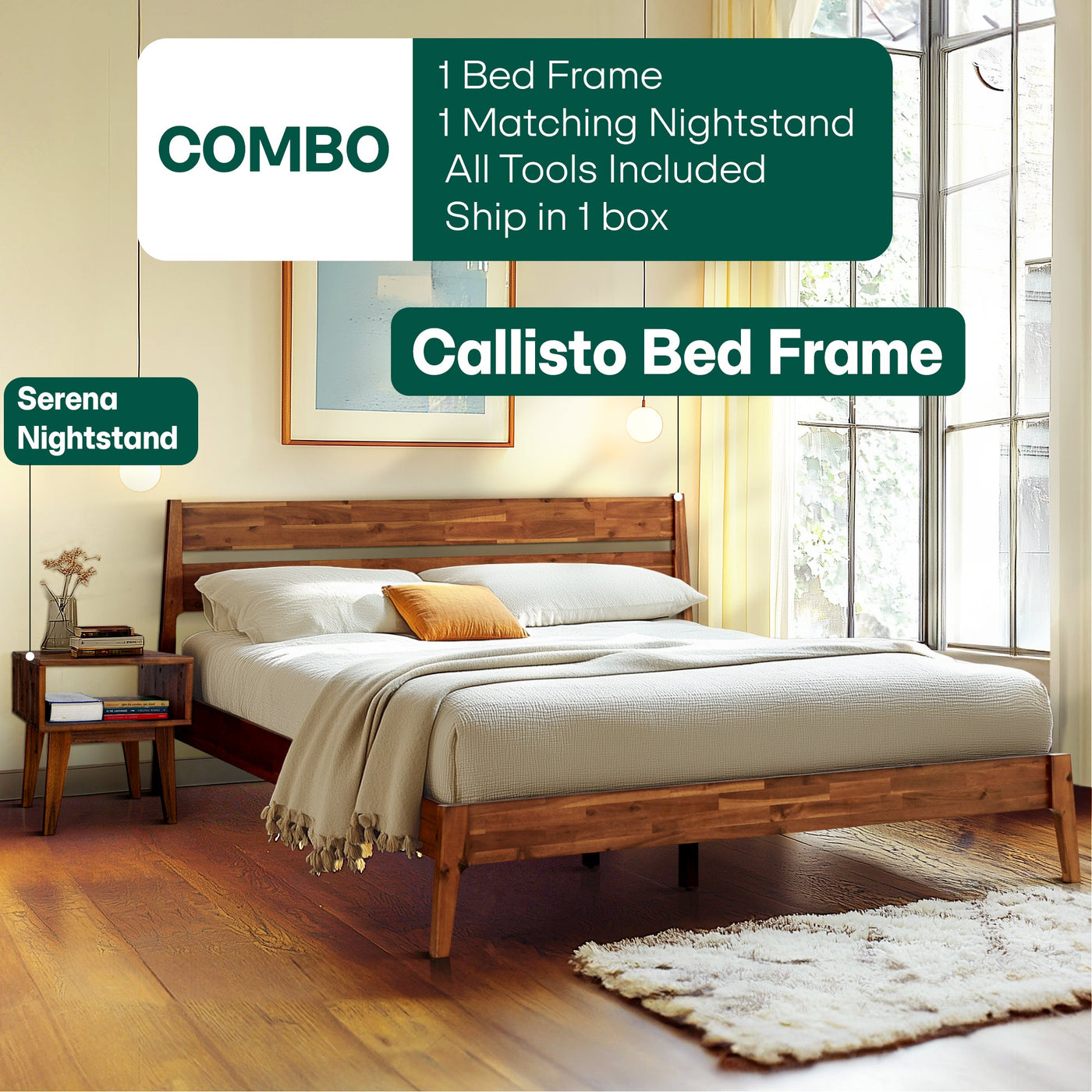 [Buy 1 Get 1] Callisto Solid Wood Bed Frame and Nightstand by Megsu