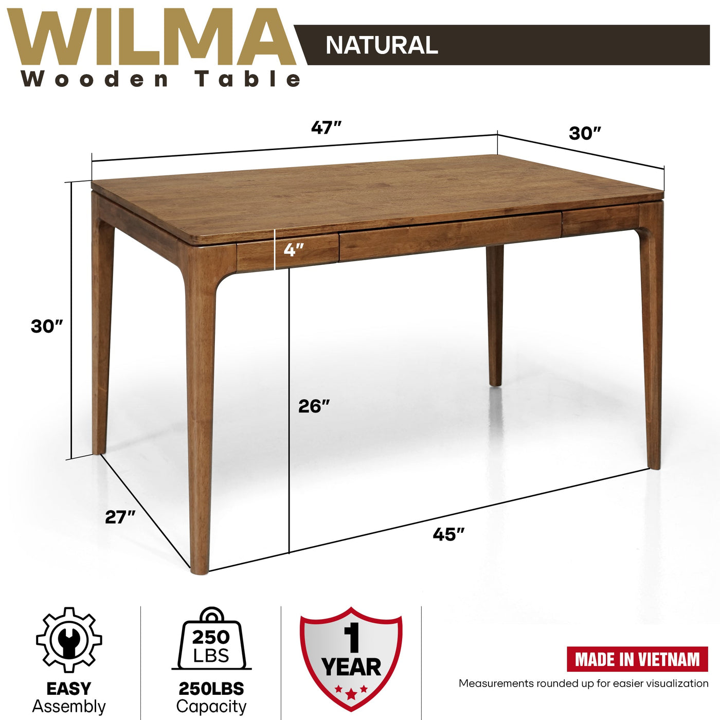Wilma 48 Inches Rubber Wood Desk by Megsu