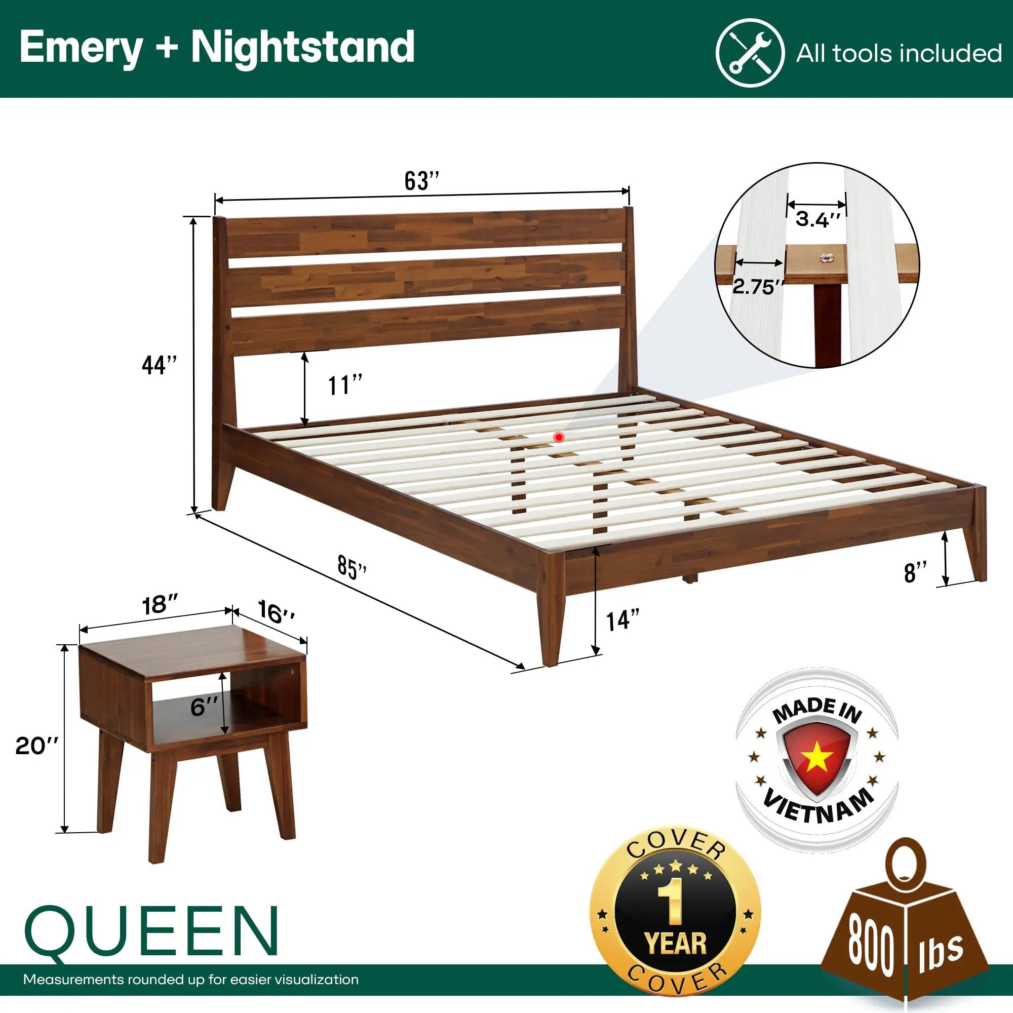 [Buy 1 Get 1] Emery Solid Wood Bed Frame & Nightstand by Megsu