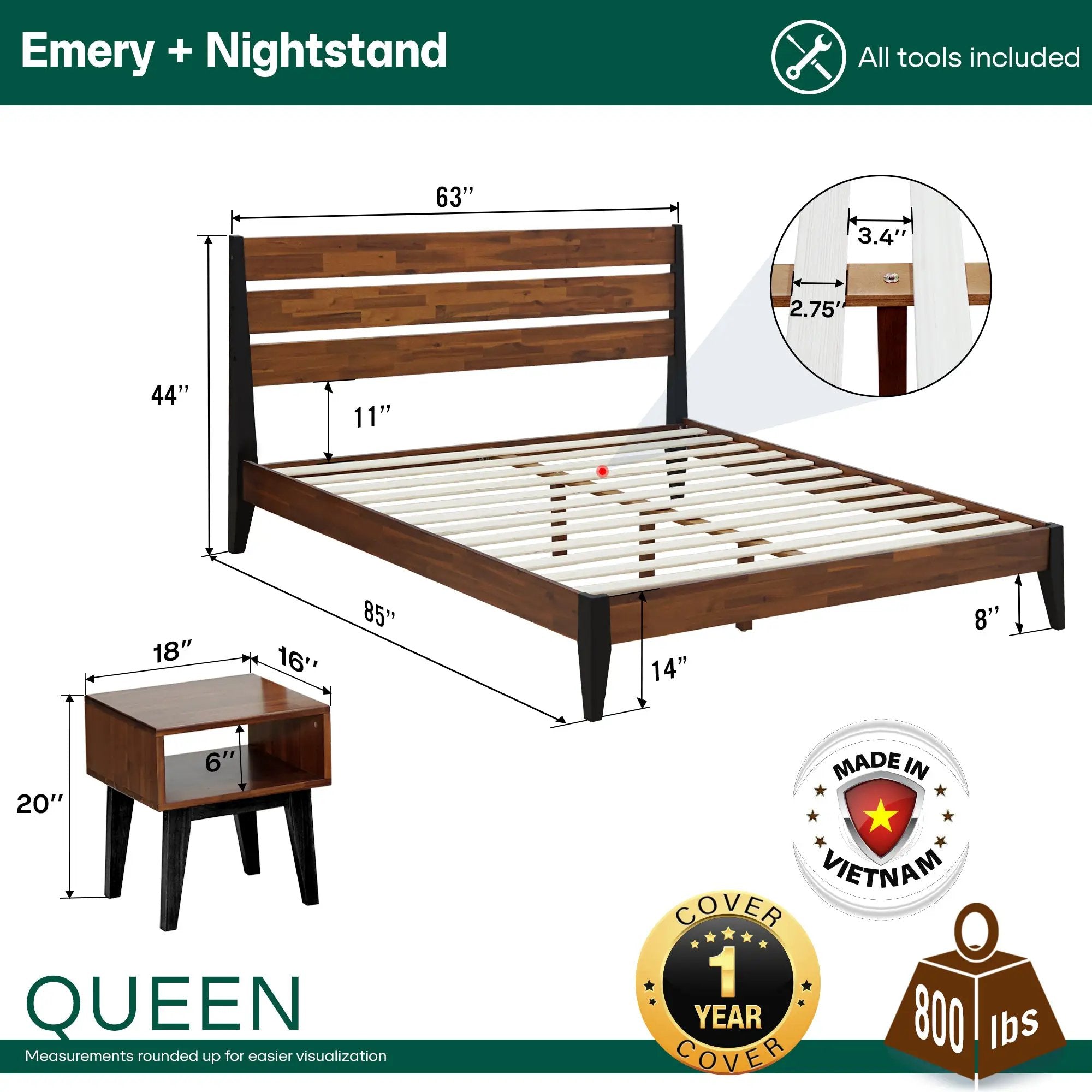[Buy 1 Get 1] Emery Solid Wood Bed Frame & Nightstand by Megsu