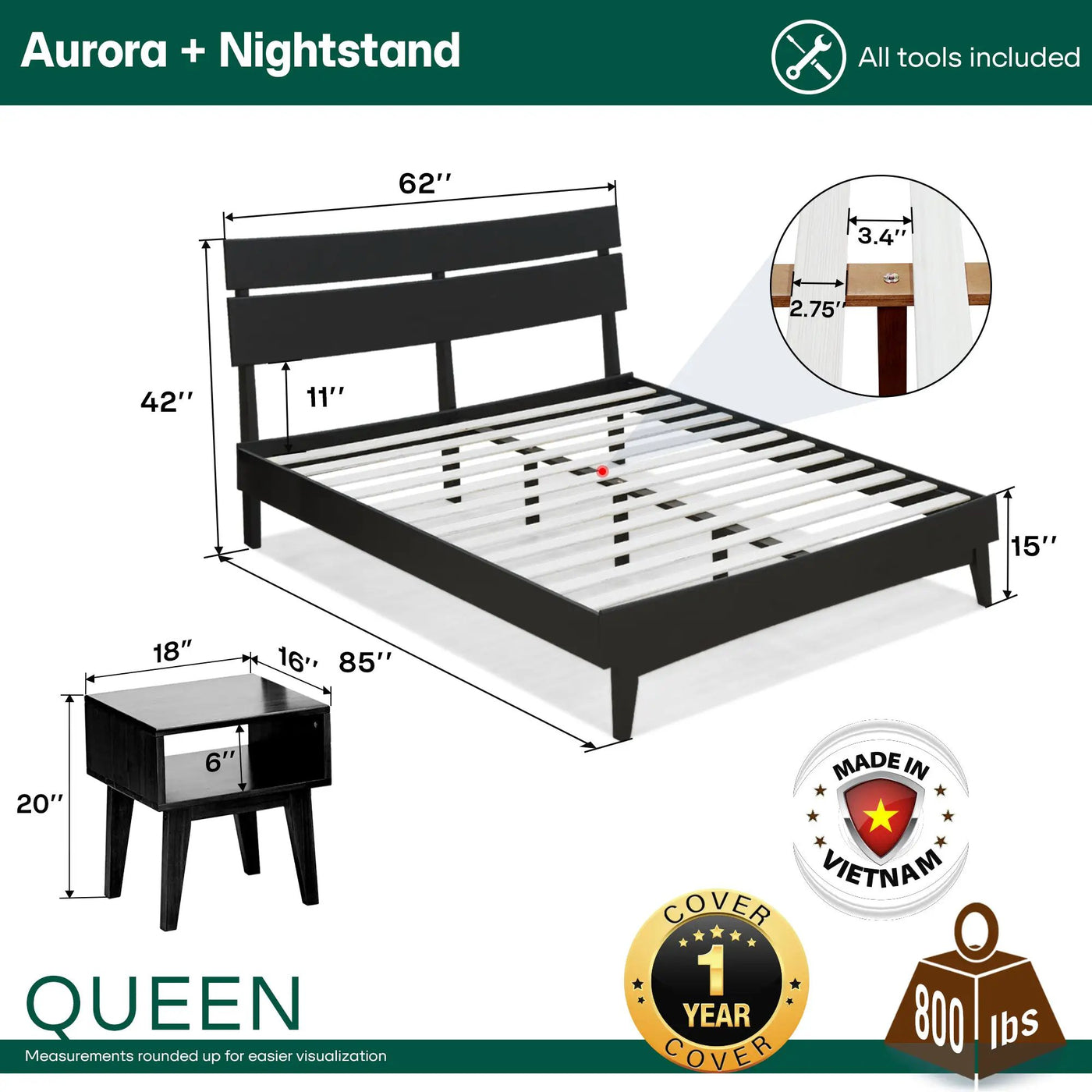[Buy 1 Get 1] Aurora Solid Wood Bed Frame & Nightstand by Megsu
