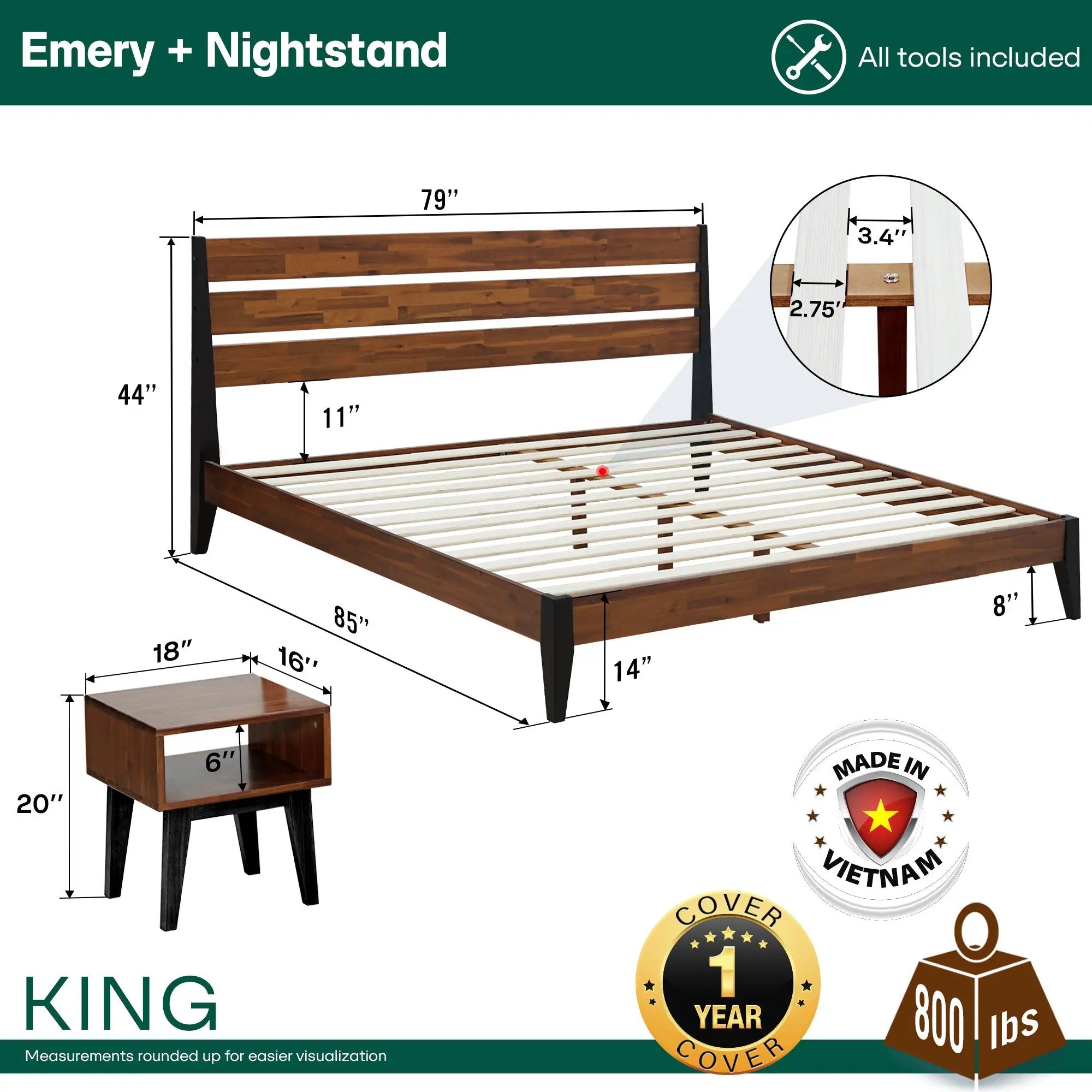 [Buy 1 Get 1] Emery Solid Wood Bed Frame & Nightstand by Megsu