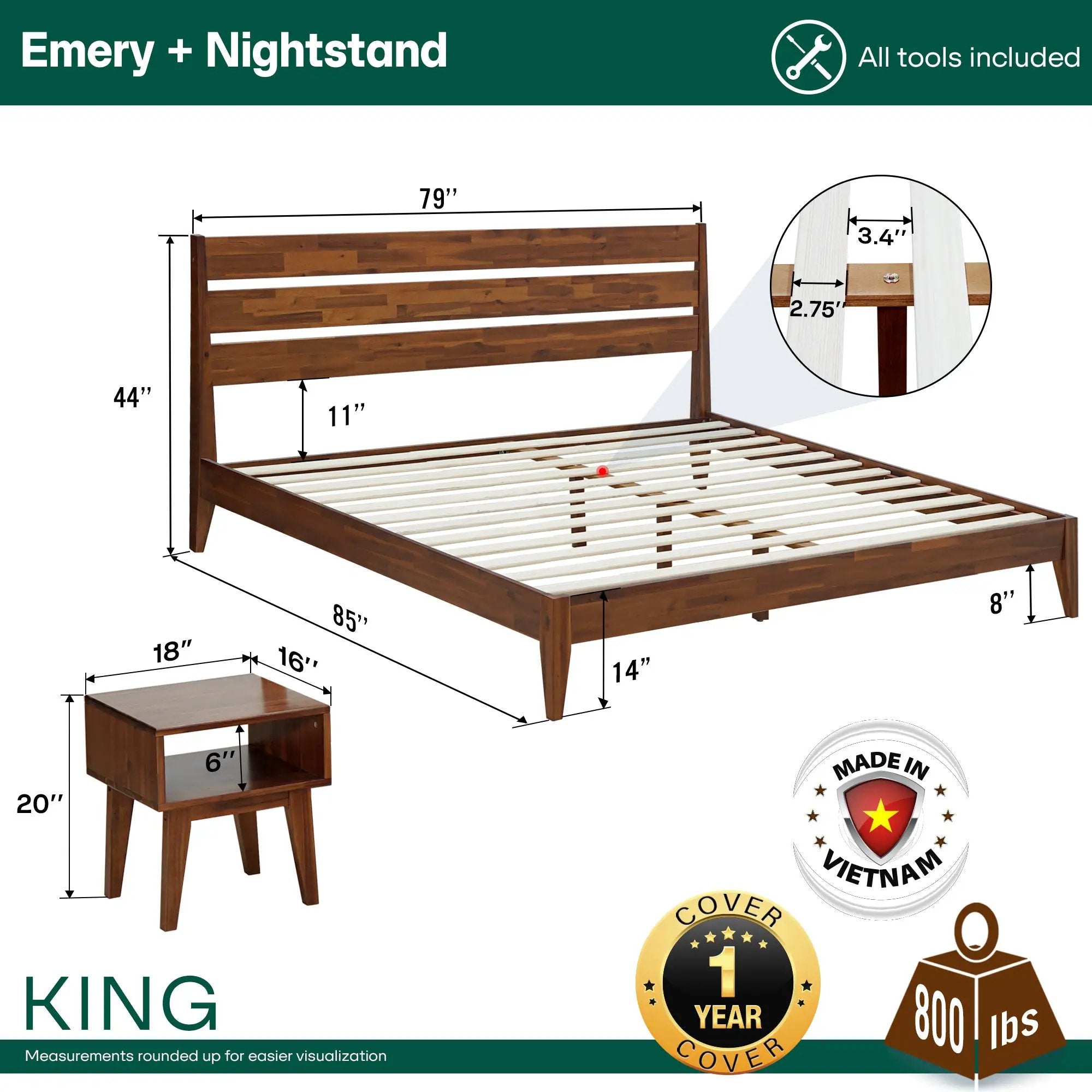 [Buy 1 Get 1] Emery Solid Wood Bed Frame & Nightstand by Megsu