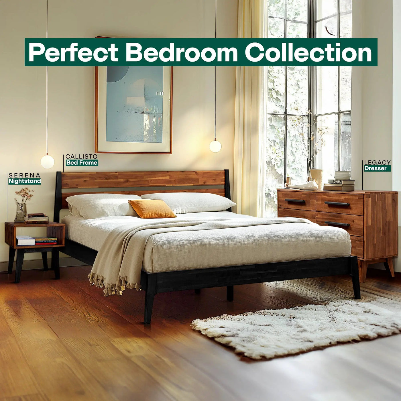 [Buy 1 Get 1] Callisto Solid Wood Bed Frame and Nightstand by Megsu
