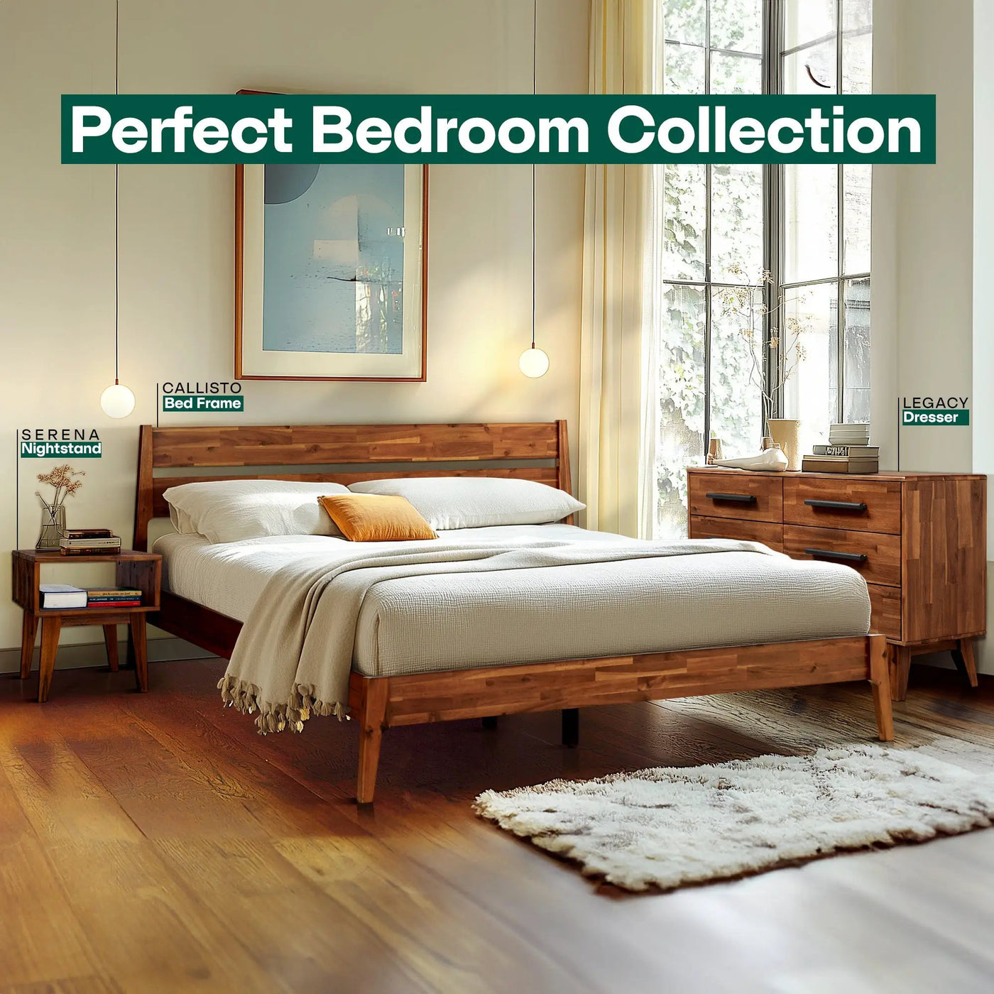 [Buy 1 Get 1] Callisto Solid Wood Bed Frame and Nightstand by Megsu