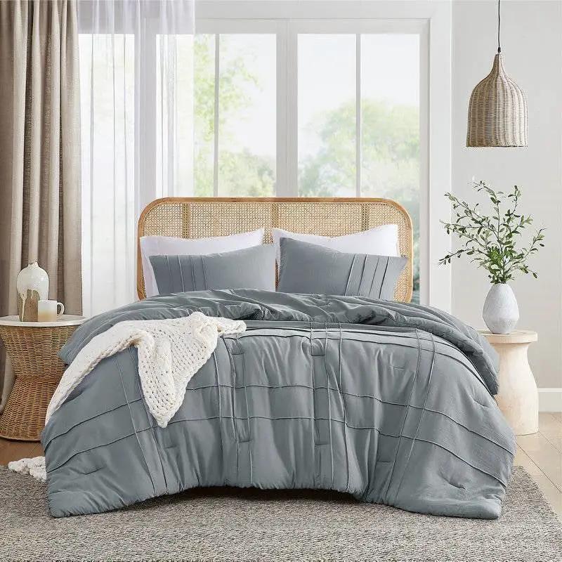 Full/Queen size Pleated Pre-Washed Microfiber Comforter Set in Blue Grey by HomePacific