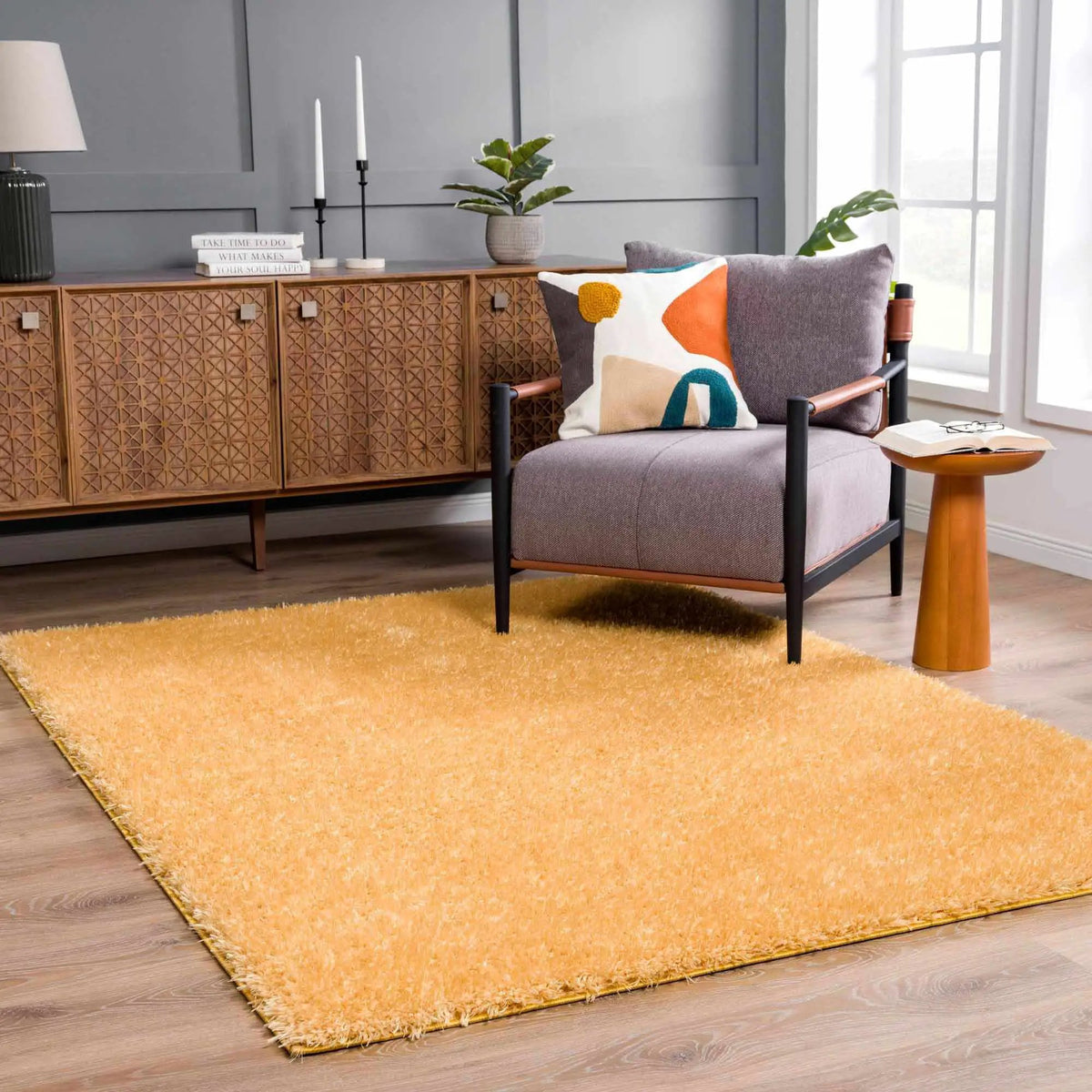Faina Solid Gold Shag Washable Area Rug - Clearance, installed in a room