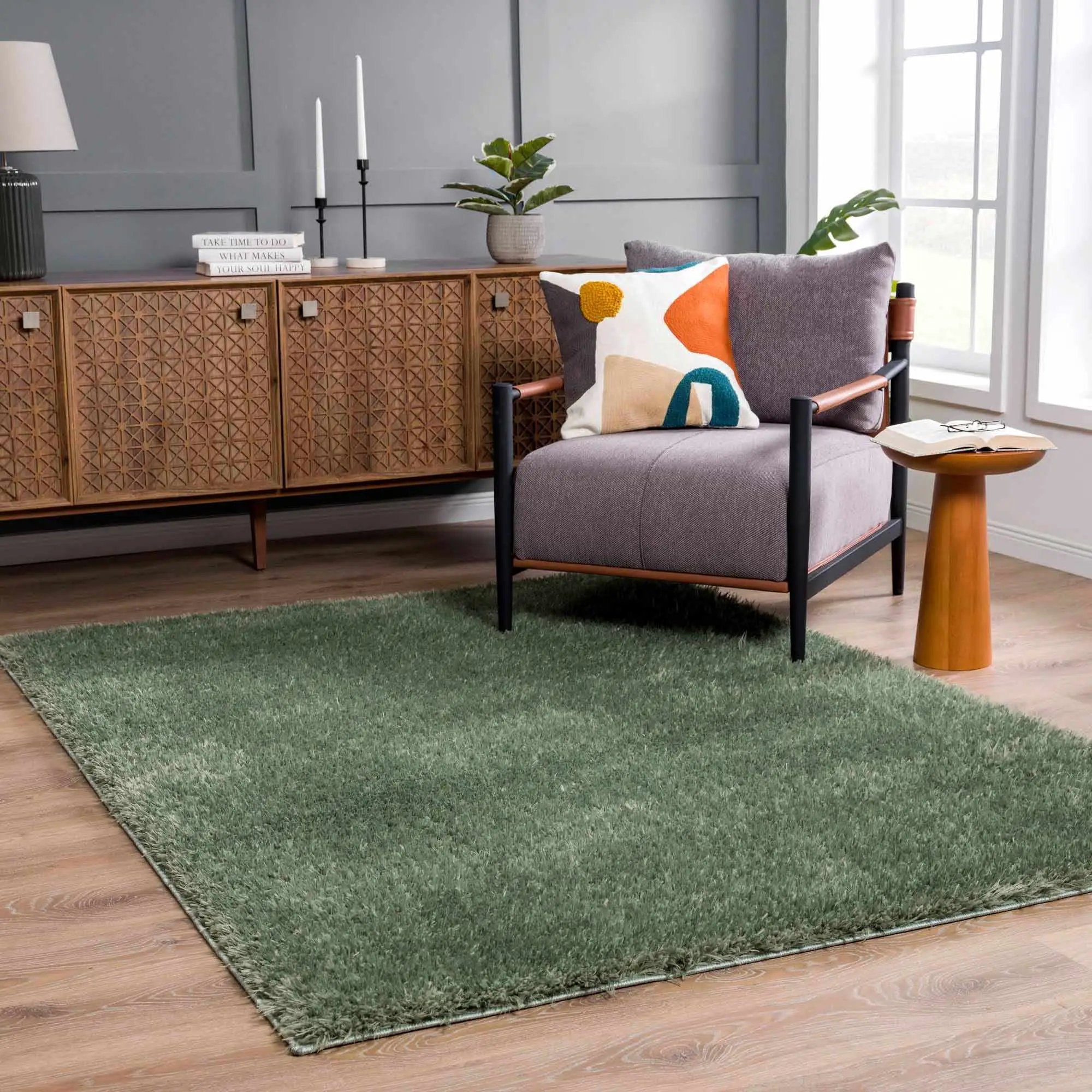 Faina Solid Green Shag Washable Area Rug - Clearance by Boutique Rugs