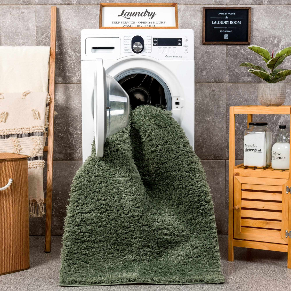 Faina Solid Green Shag Washable Area Rug - Clearance, photo 13 of 17