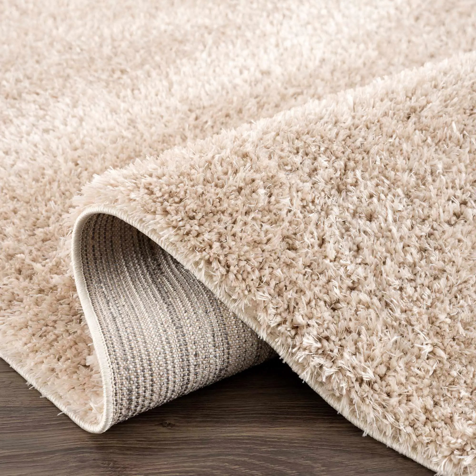 Faina Solid Beige Shag Rug Washable by Hauteloom
