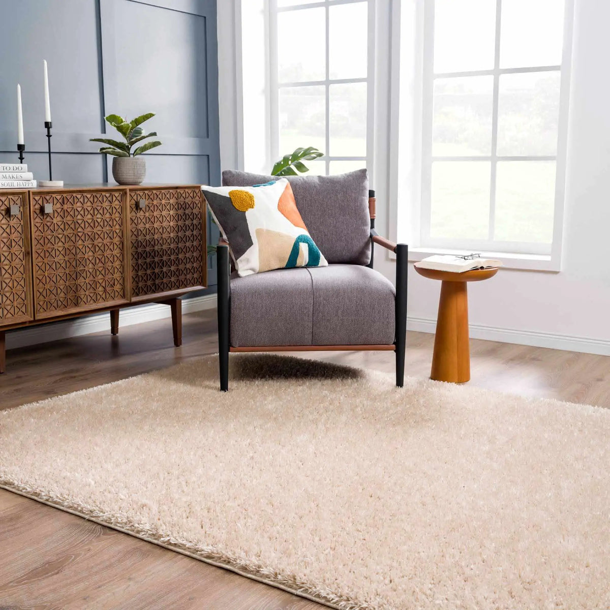 Faina Solid Beige Shag Rug Washable, installed in a room 5
