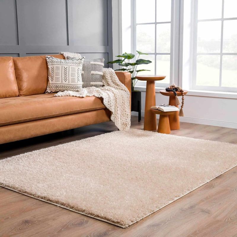 Faina Solid Beige Shag Rug Washable by Hauteloom