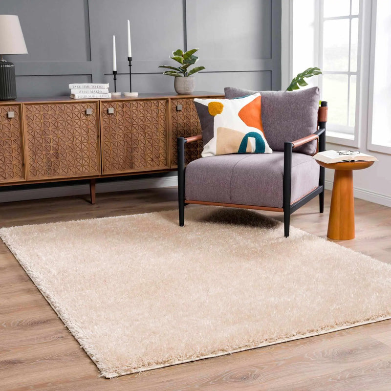 Faina Solid Beige Shag Rug Washable by Hauteloom