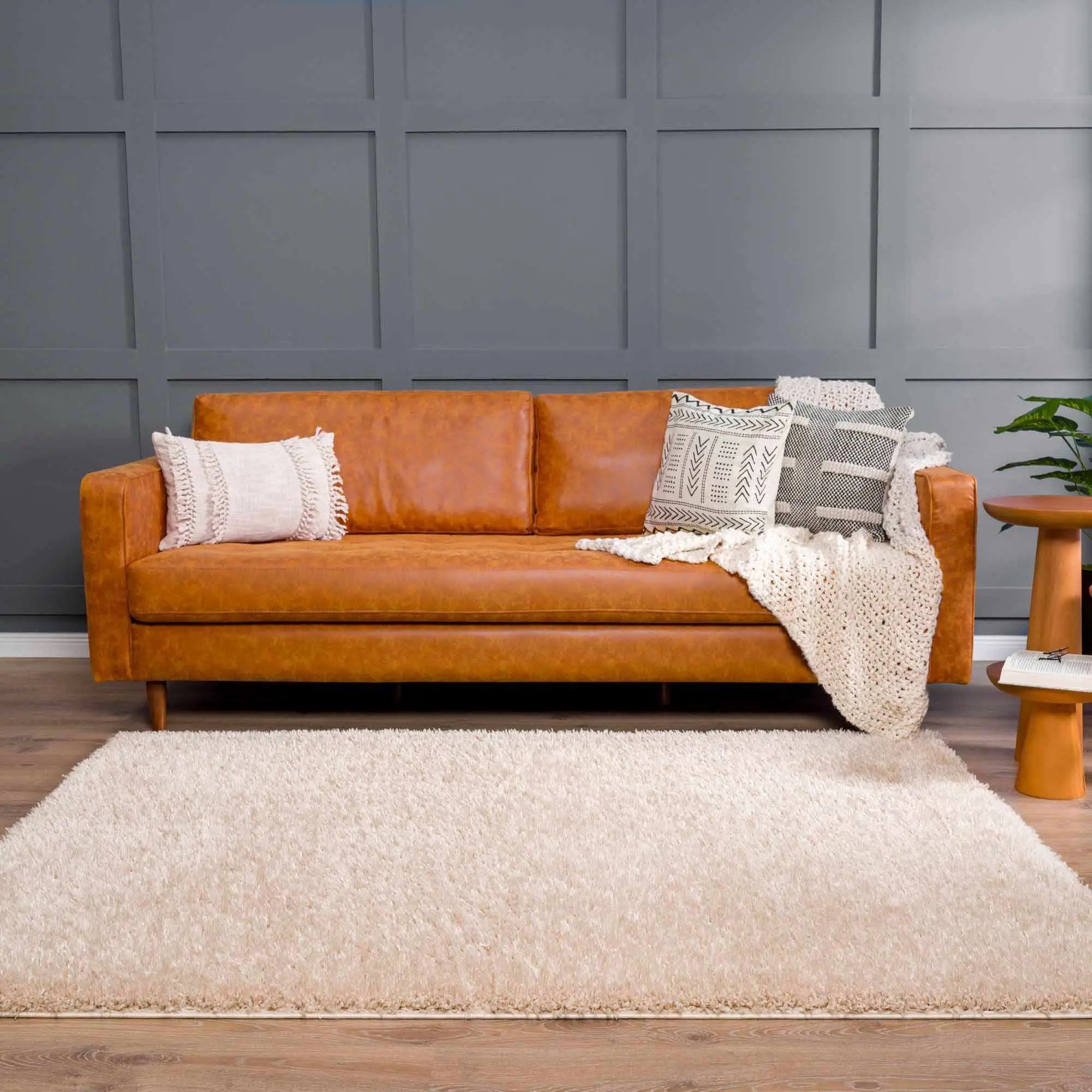 Faina Solid Beige Shag Rug Washable by Hauteloom