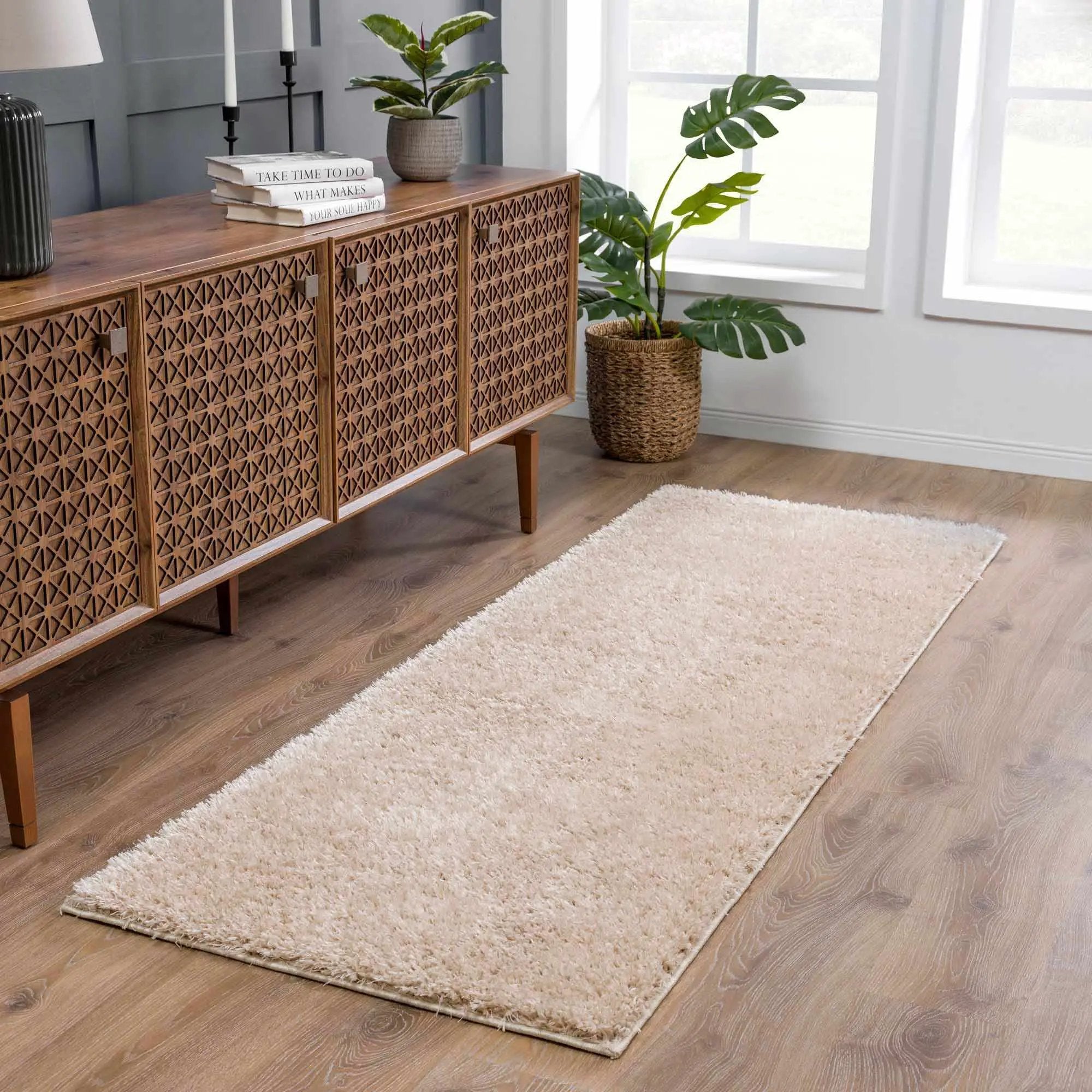 Faina Solid Beige Shag Rug Washable by Hauteloom