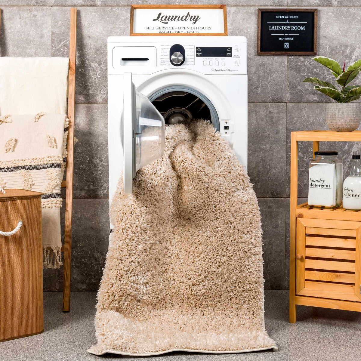 Faina Solid Beige Shag Rug Washable, photo 14 of 17