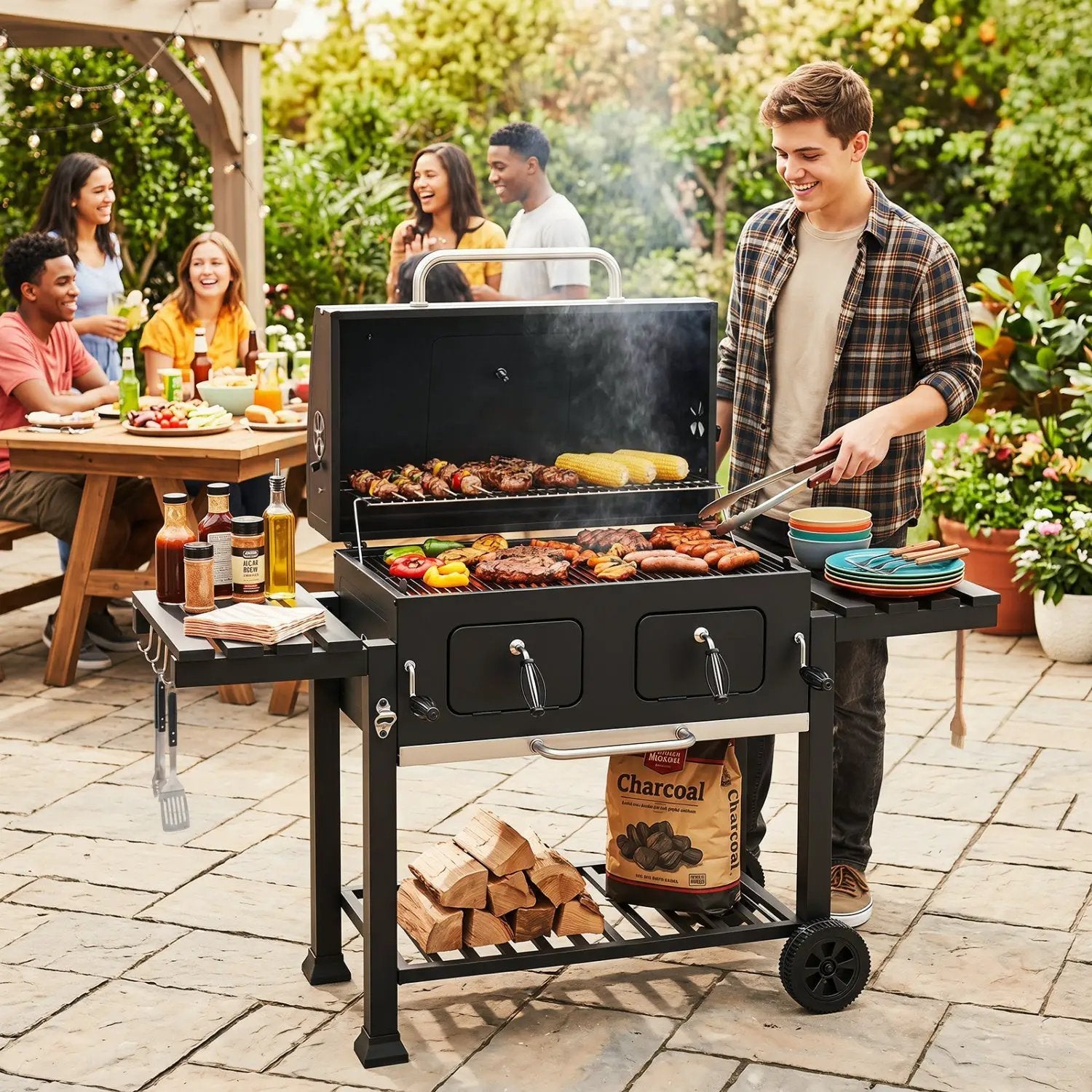 Charcoal Grill with Lifting Trays and Folding Side Tables by DirectDeals