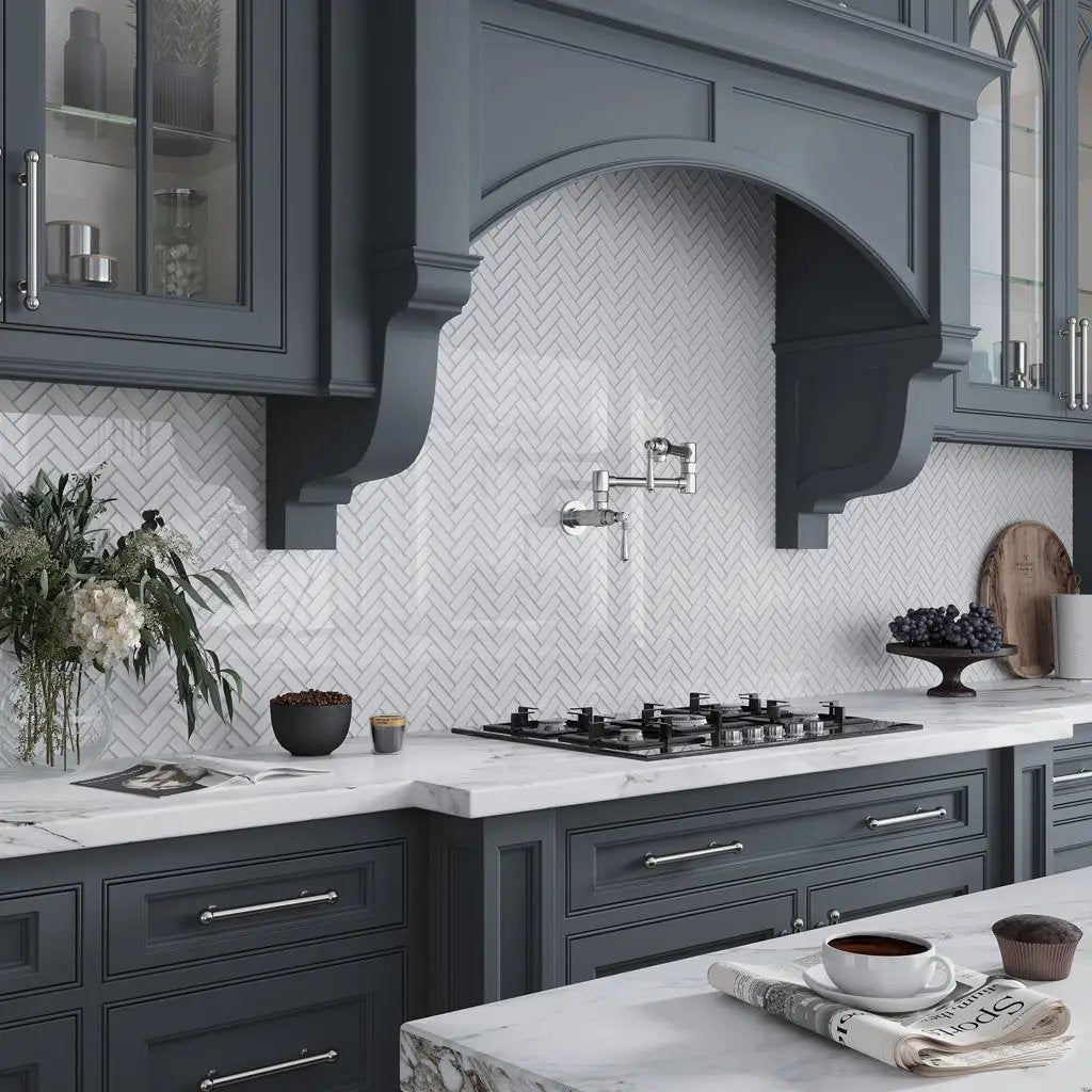 White 11x13 Glossy Herringbone Glass Mosaic Tile (5 pack, 4.8125 sq ft/case) by Apollo Tile