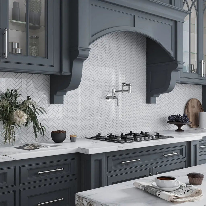 White 11x13 Glossy Herringbone Glass Mosaic Tile (5 pack, 4.8125 sq ft/case) by Apollo Tile