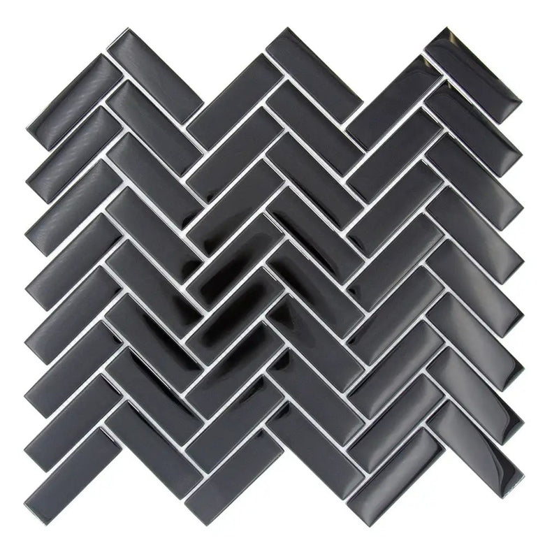 Black 11x13 Glossy Herringbone Glass Mosaic Tile (5 pack, 4.8125 sq ft/case) by Apollo Tile