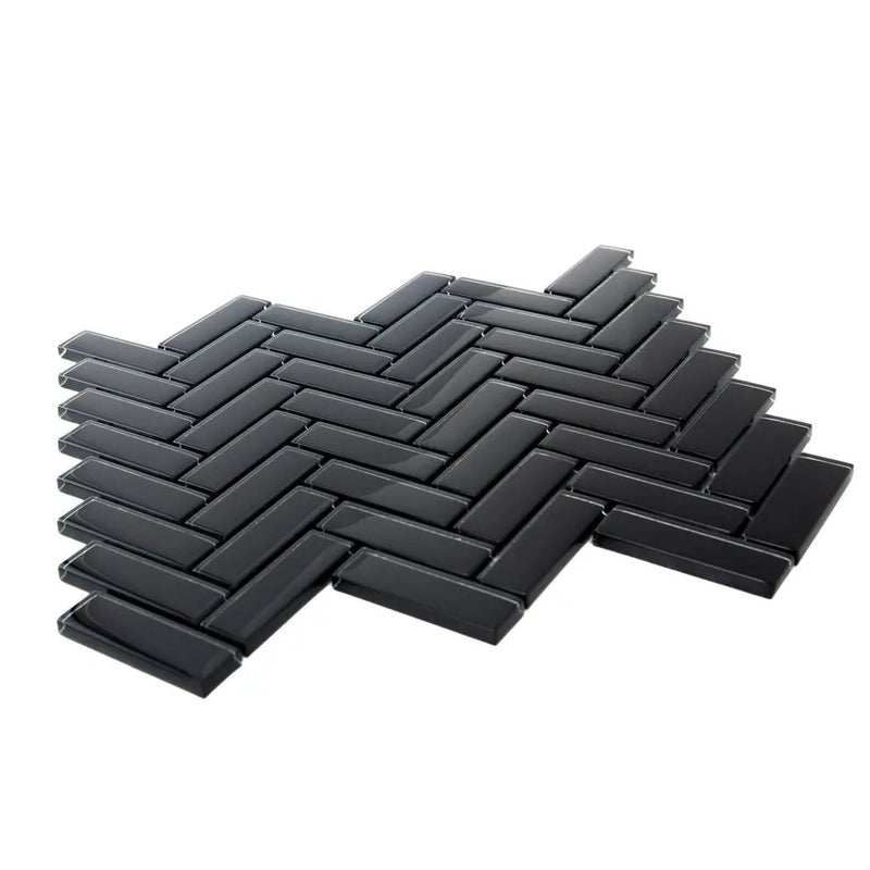 Black 11x13 Glossy Herringbone Glass Mosaic Tile (5 pack, 4.8125 sq ft/case) by Apollo Tile