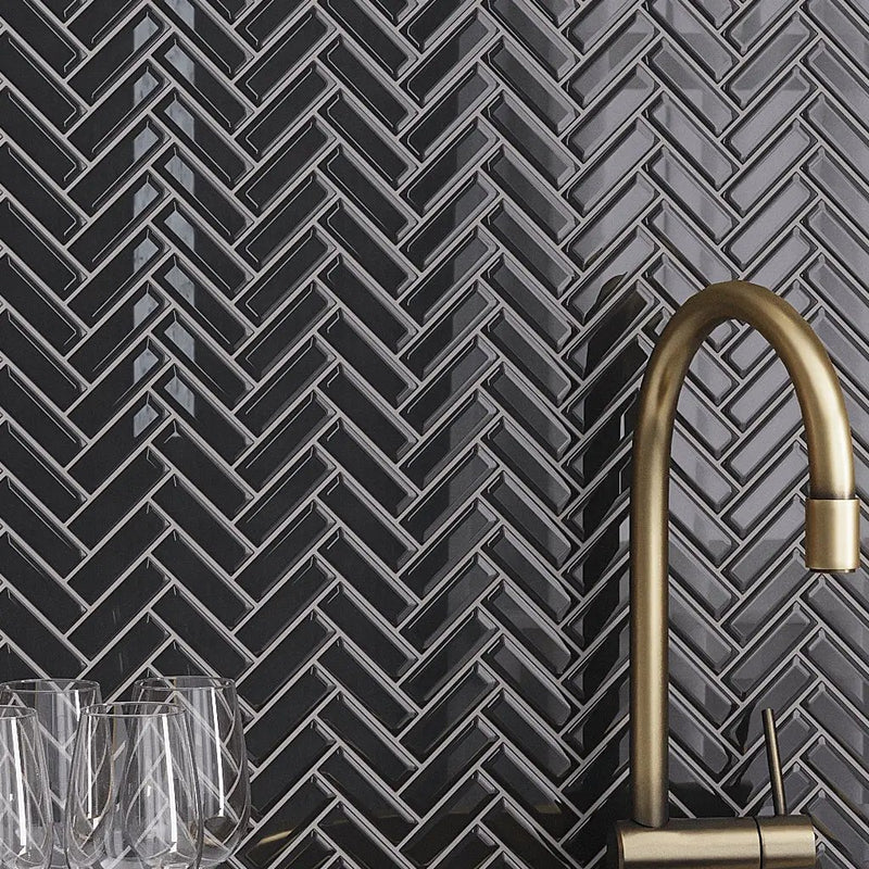 Black 11x13 Glossy Herringbone Glass Mosaic Tile (5 pack, 4.8125 sq ft/case) by Apollo Tile