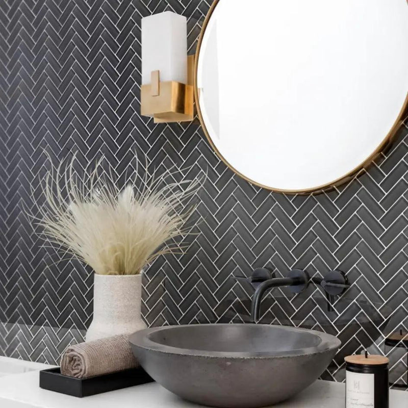 Ash Gray 11x13 Glossy Herringbone Glass Mosaic Tile (5 pack, 4.8125 sq ft/case) by Apollo Tile